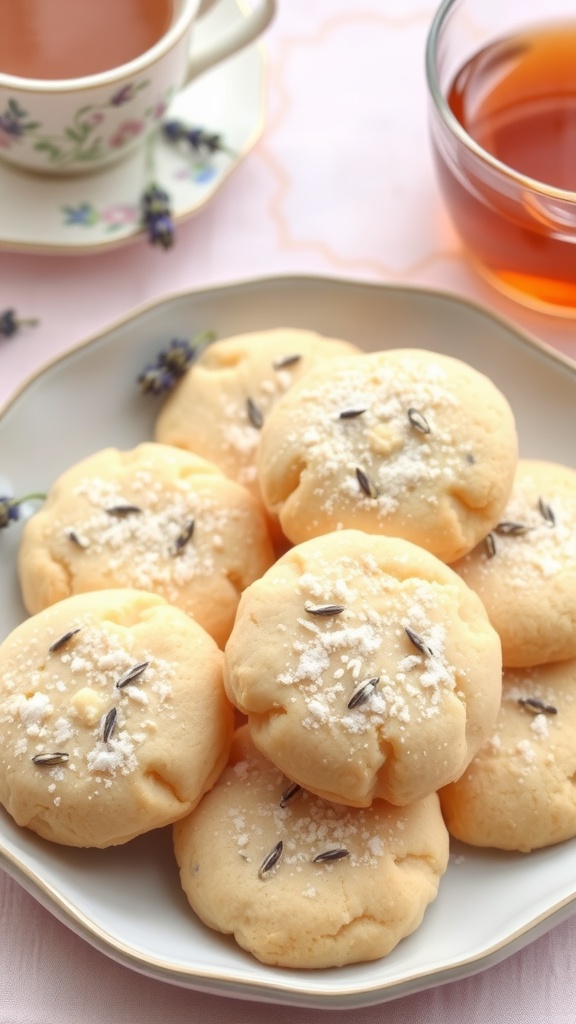 Lavender honey cookies dusted with powdered sugar on a plate, surrounded by a cup of tea.